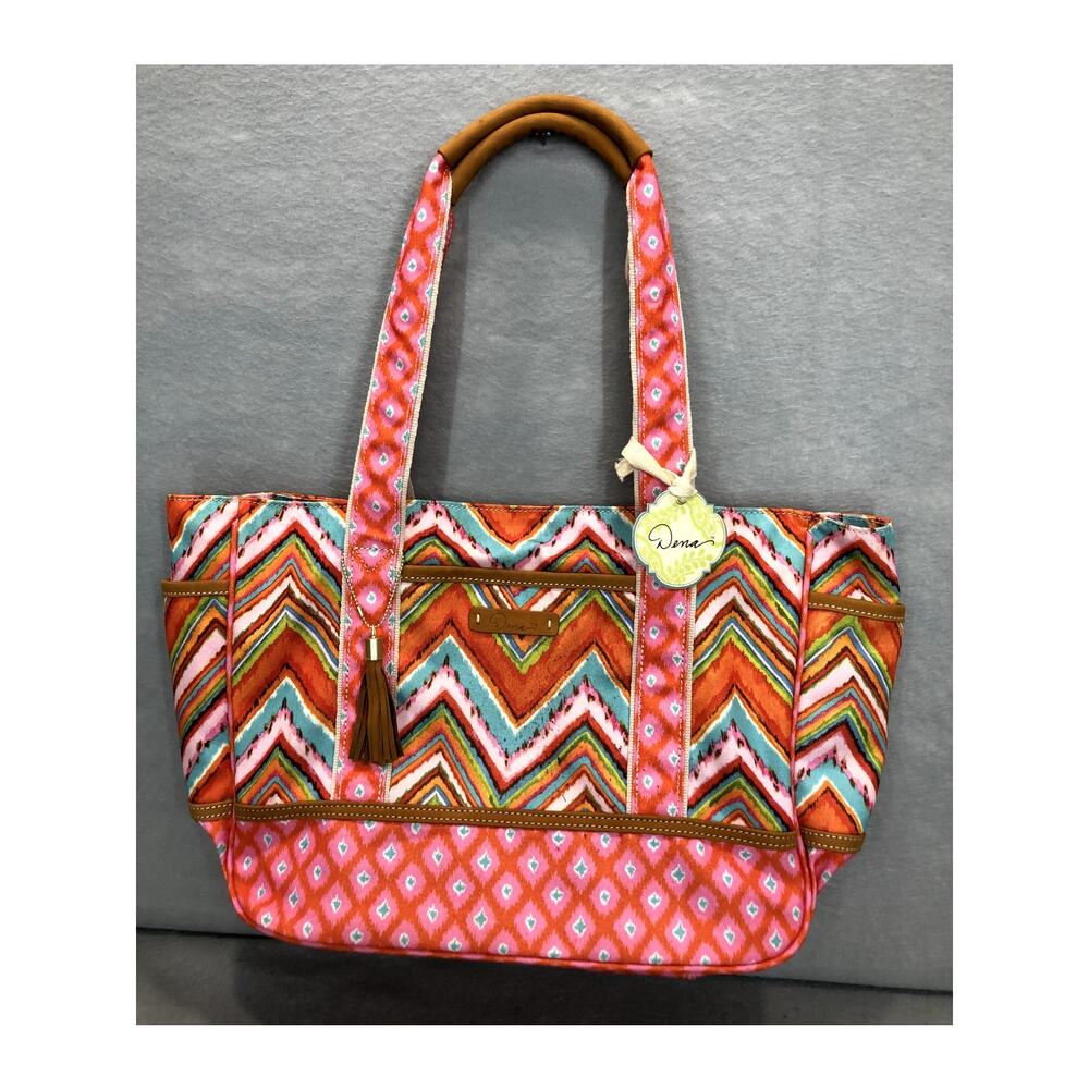 Boho Bali Colorful Geometric Print Tote Bag Leather Trim Coral Turquoise Pink
